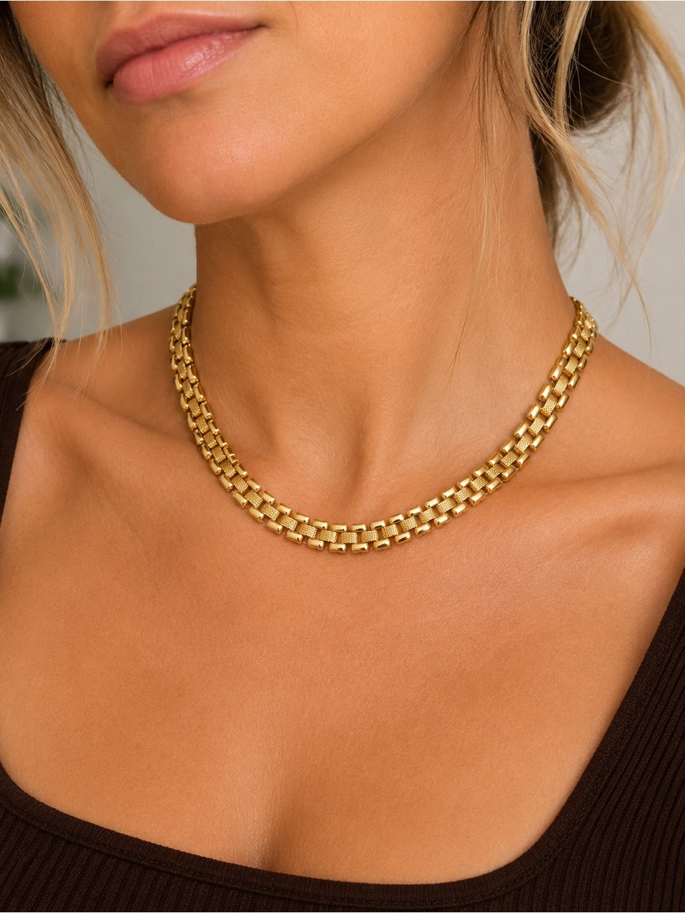 Vintage Signed Monet Gold Tone‎ Textured Link Choker Necklace 17” Statement